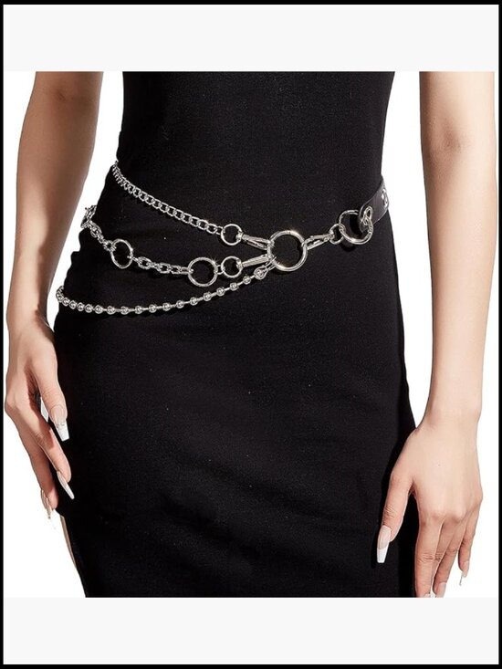 Accessories - Faux Leather Punk Belt with Metal Chain Tassel Adjustable Waist Strap